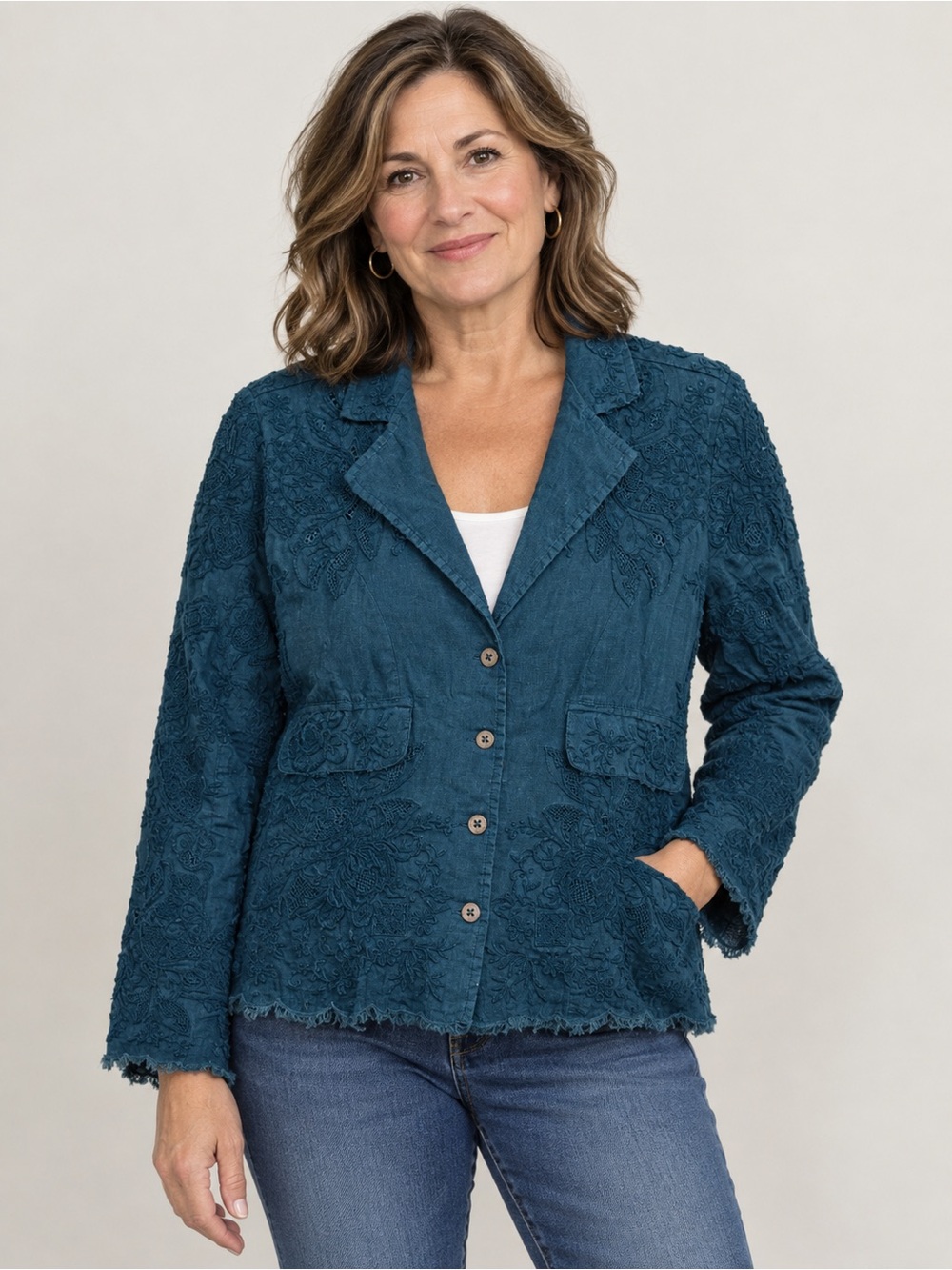 Sundance Ramie Teal Embroidered Blazer Jacket Petite Small